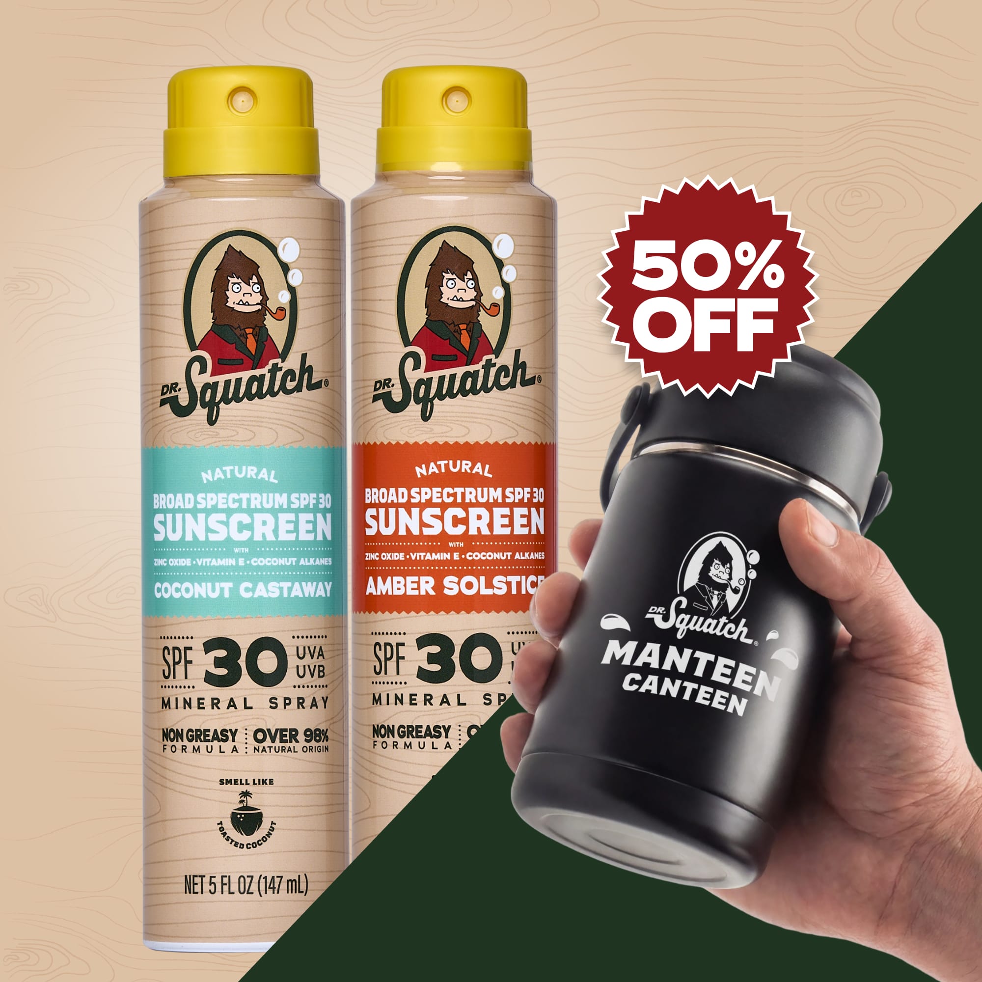 Two Dr. Squatch Natural Broad Spectrum SPF 30 mineral sunscreen sprays, Coconut Castaway and Amber Solstice, beside a hand holding a black Dr. Squatch Manteen Canteen..