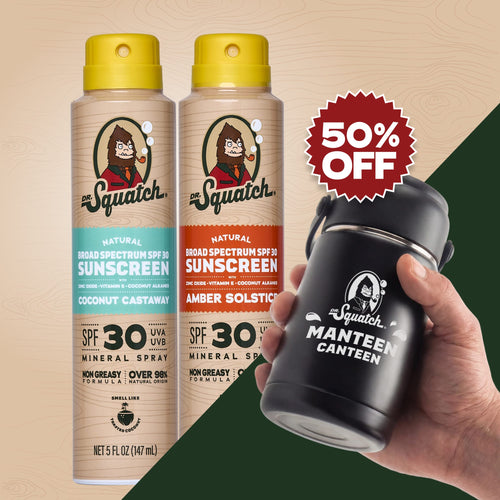 Two Dr. Squatch Natural Broad Spectrum SPF 30 mineral sunscreen sprays, Coconut Castaway and Amber Solstice, beside a hand holding a black Dr. Squatch Manteen Canteen..