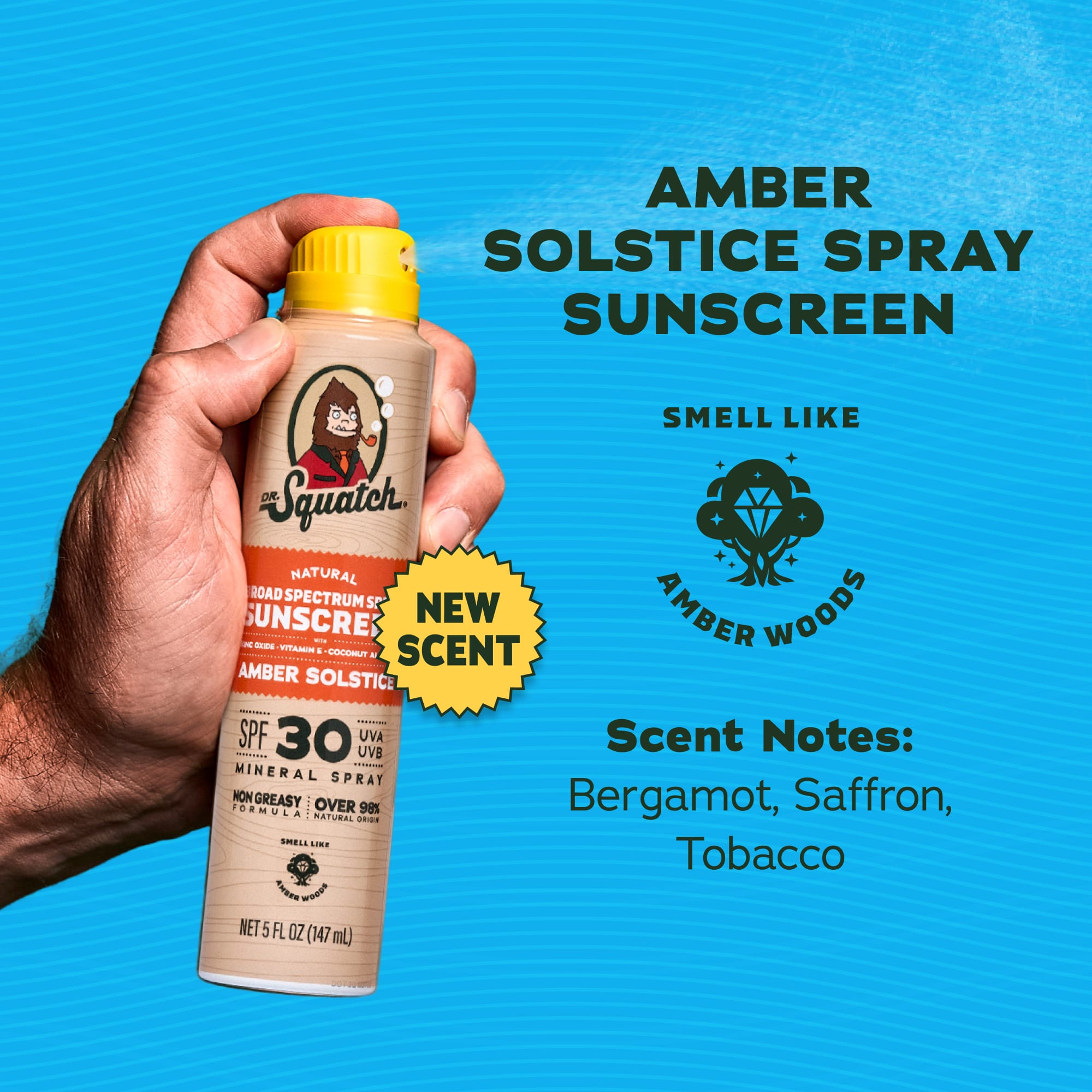 Hand holding and spraying a Dr. Squatch Amber Solstice SPF 30 Spray Sunscreen against a blue background, with a "New Scent" badge.